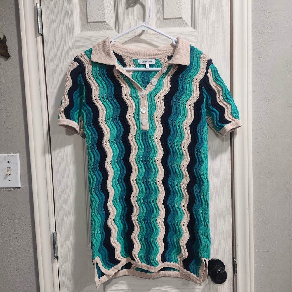Heartloom Wavy Knit Polo Dress Teal Navy Cream Cotton Bathing Suit Cover Up S
